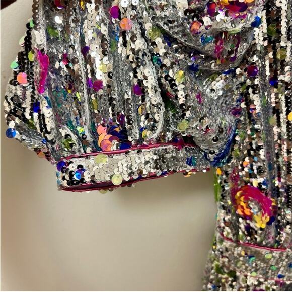 CeliaB Wonderer Silver Sequins Floral Statement Puff Sleeves Mini Dress NEW XXS - Picture 5 of 14